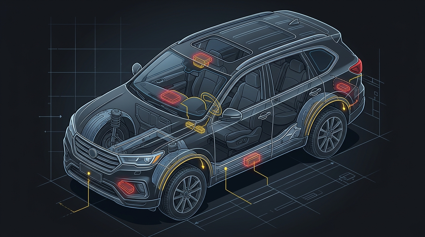 Тактическая схема зон установки GPS-трекеров на кузове и в салоне автомобиля