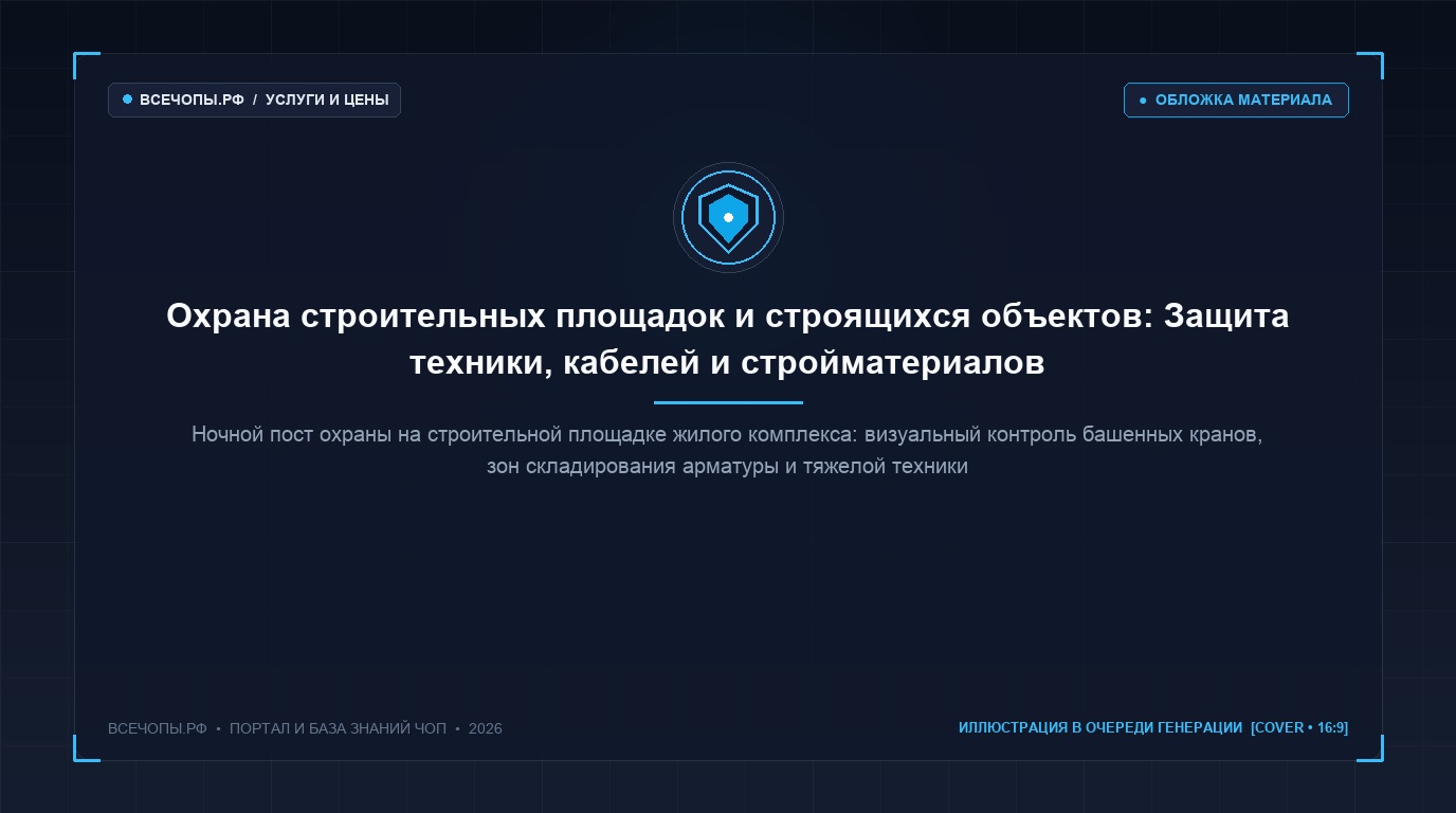Ночной пост охраны на строительной площадке жилого комплекса с освещением башенных кранов