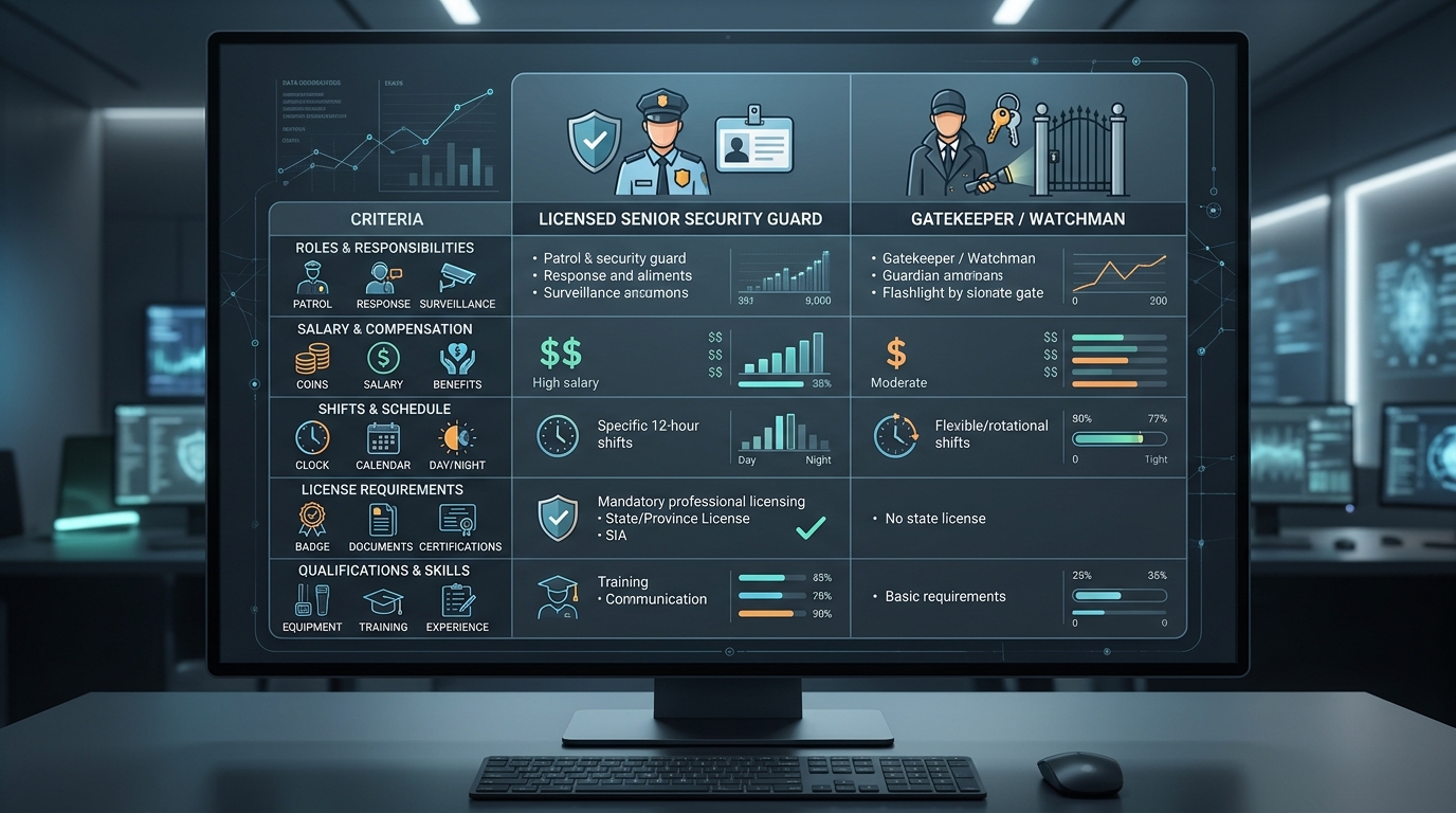 Инфографика сравнения работы в охране с лицензией и без лицензии для пенсионеров
