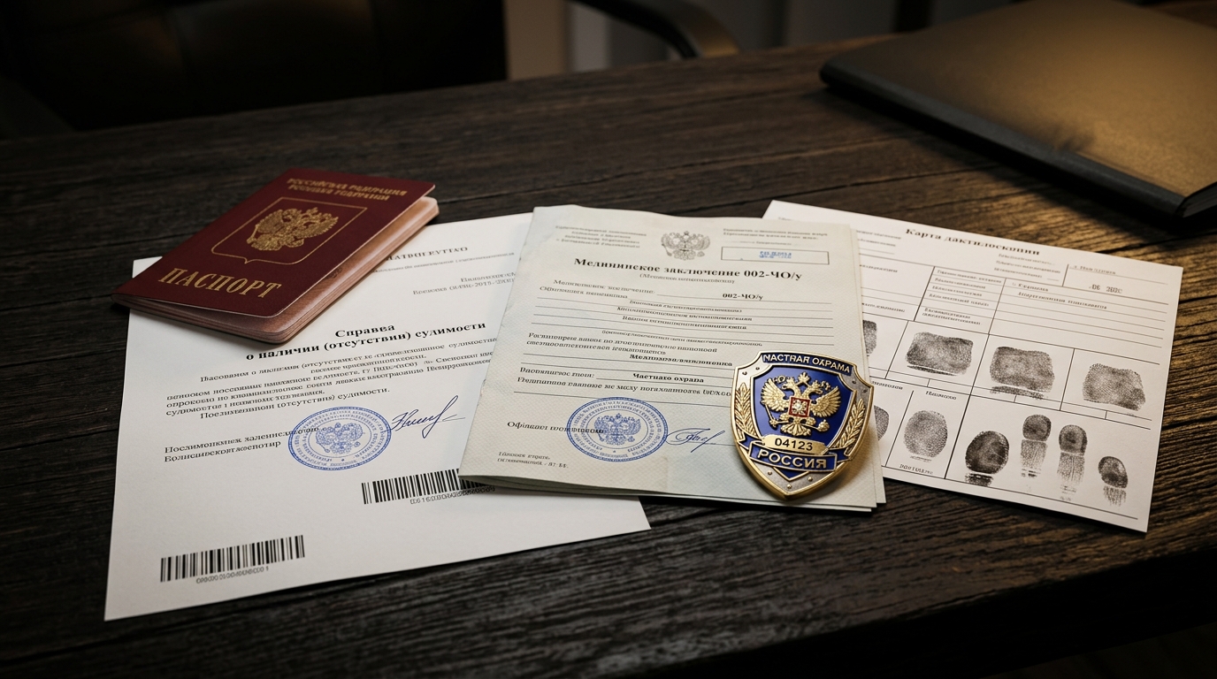 Пакет документов кандидата: паспорт РФ, справка 002-ЧО/у, дактилоскопическая карта и жетон